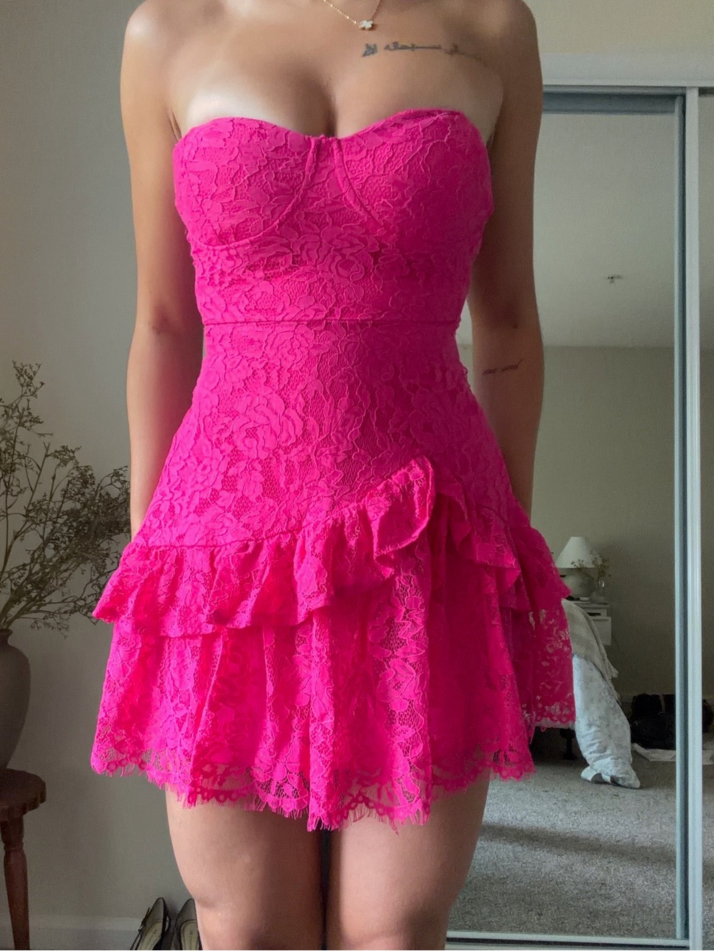 Vintage Strapless Lace Ruffle Mini Dress - Hot Pink